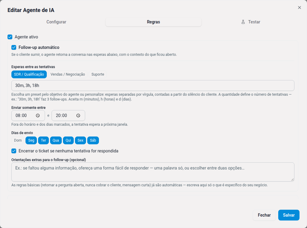 Aba Regras do agente: agente ativo e follow-up automático com esperas, horário e dias de envio.