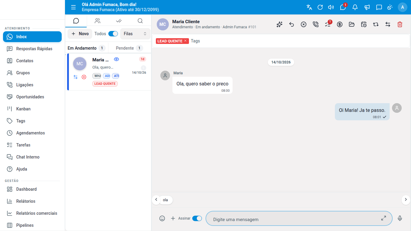 Conversa aberta no Inbox do Dialogix, com as ações do atendimento no cabeçalho.