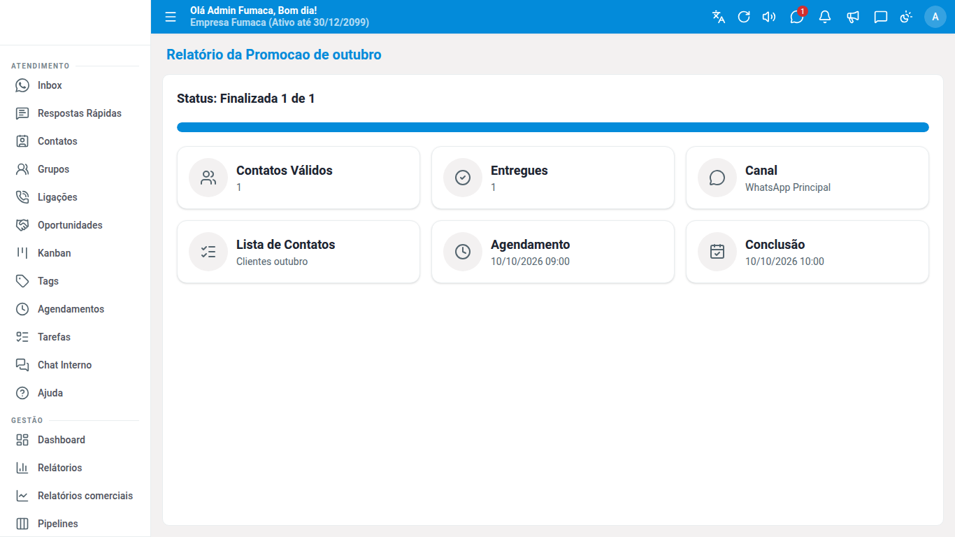 Relatório de uma campanha finalizada: contatos válidos, entregues, canal e datas.