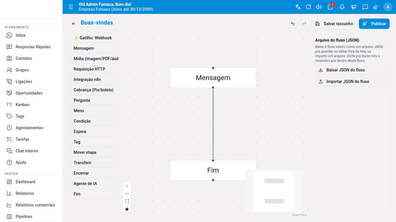 Construtor de Fluxos do Dialogix com a lista de blocos à esquerda e um fluxo de boas-vindas no centro.