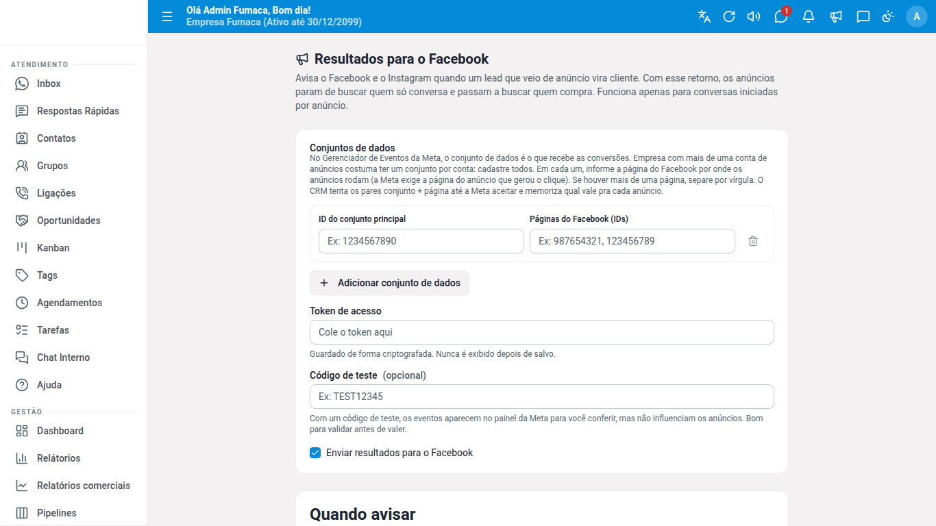 Resultados para o Facebook: conjuntos de dados, token de acesso e código de teste.