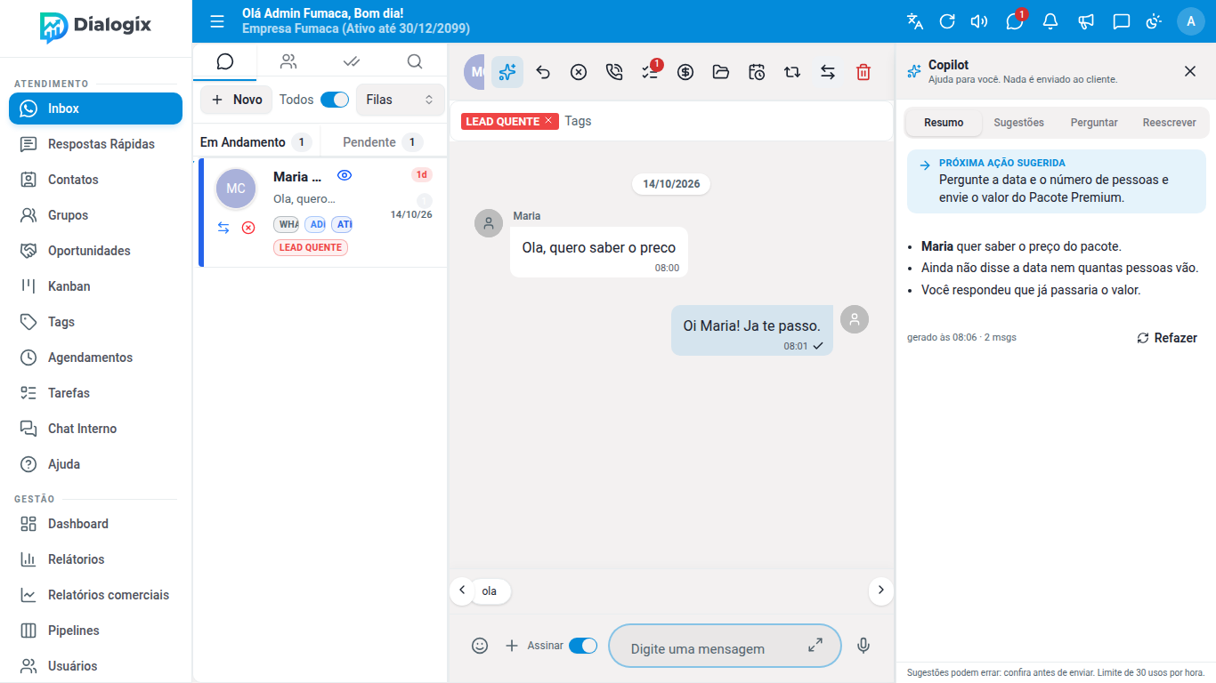 Copilot aberto ao lado da conversa, na aba Resumo, com a próxima ação sugerida ao atendente.